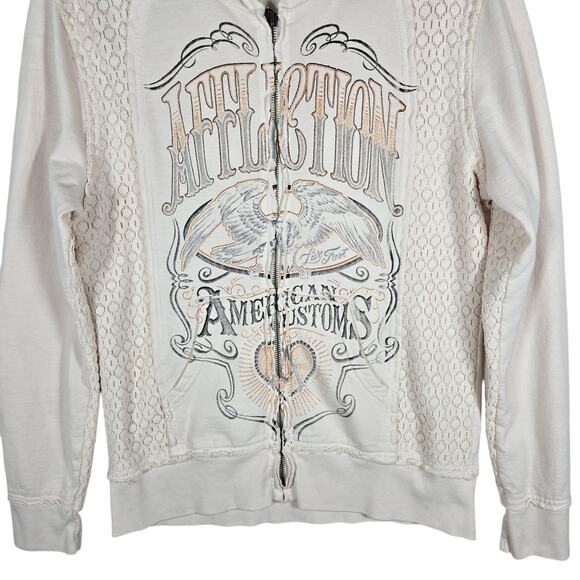 Affliction Hoodie Women Large White Graphic Lace Panel Full Zip American Custom - Picture 4 of 11